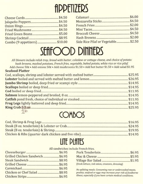 village bar kieler menu